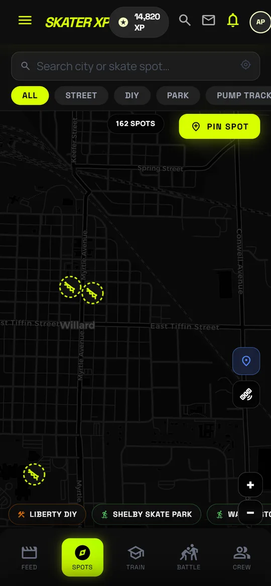 The Skater XP spot map showing parks and shops